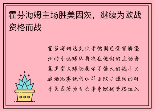 霍芬海姆主场胜美因茨，继续为欧战资格而战