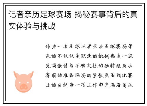 记者亲历足球赛场 揭秘赛事背后的真实体验与挑战