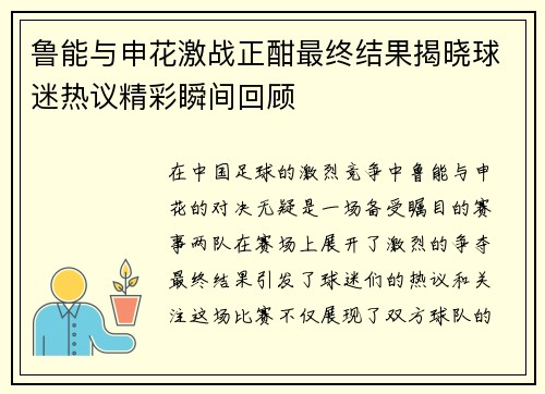 鲁能与申花激战正酣最终结果揭晓球迷热议精彩瞬间回顾