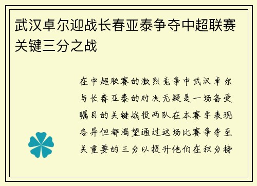 武汉卓尔迎战长春亚泰争夺中超联赛关键三分之战