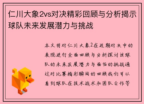 仁川大象2vs对决精彩回顾与分析揭示球队未来发展潜力与挑战