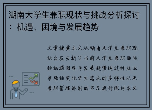湖南大学生兼职现状与挑战分析探讨：机遇、困境与发展趋势