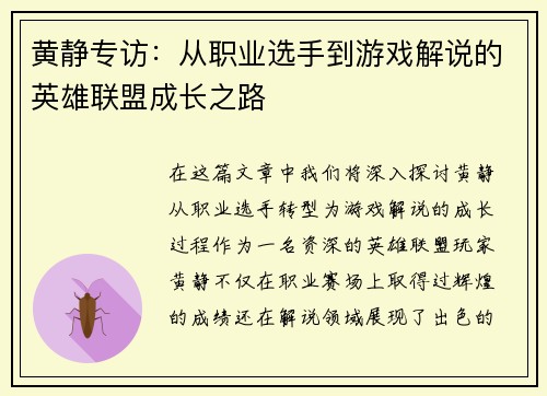 黄静专访：从职业选手到游戏解说的英雄联盟成长之路