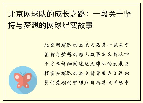 北京网球队的成长之路：一段关于坚持与梦想的网球纪实故事