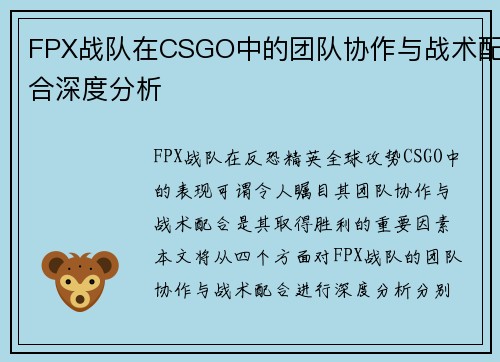 FPX战队在CSGO中的团队协作与战术配合深度分析